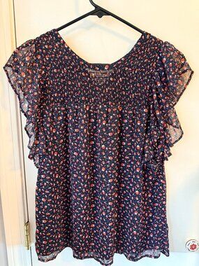 LOFT Ladybug Print Blouse Small Navy Sheer Flutter Sleeve Smocked Boho Top